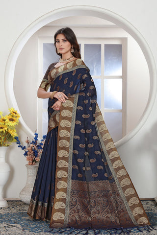 Navy Blue Chanderi Cotton Saree_Kumari Sarees