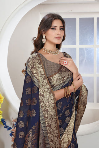 Navy Blue Chanderi Cotton Saree_Kumari Sarees