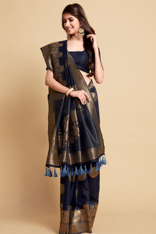 Navy Blue Linen Chanderi Saree_Kumari Sarees