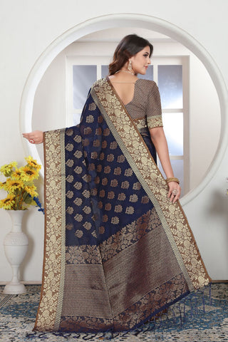 Navy Blue Chanderi Cotton Saree_Kumari Sarees