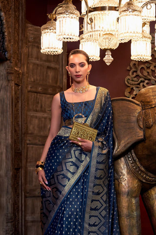 Navy Blue Pure Satin Handloom Weaving Saree_Kumari Sarees