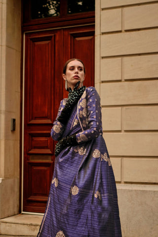 Navy Blue Pure Satin Zari Lining Handloom Weaving Saree_Kumari Sarees