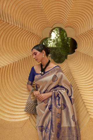 Navy Blue Nylon Two Tone Handloom Weaving Saree_Kumari Sarees
