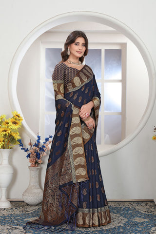 Navy Blue Chanderi Cotton Saree_Kumari Sarees