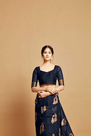 Navy Blue Linen Chanderi Saree_Kumari Sarees