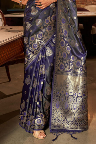 Navy Blue Pure Satin Handloom Weaving Saree_Kumari Sarees