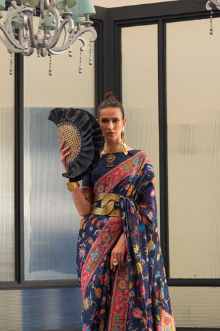 Navy Blue Kashmiri Modal Handloom Weaving Saree_Kumari Sarees