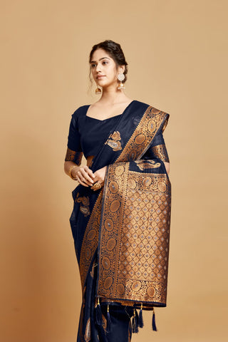 Navy Blue Linen Chanderi Saree_Kumari Sarees