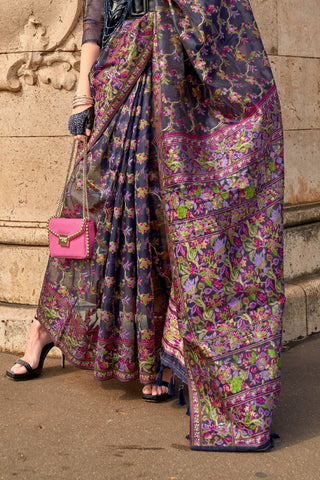 Navy Blue Organza Parsi Handloom Weaving Saree_Kumari Sarees