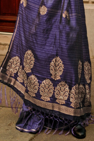 Navy Blue Pure Satin Zari Lining Handloom Weaving Saree_Kumari Sarees