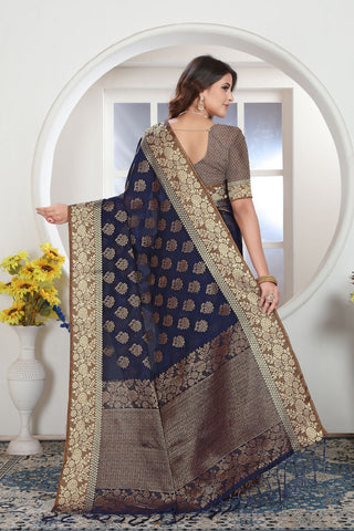 Navy Blue Chanderi Cotton Saree_Kumari Sarees