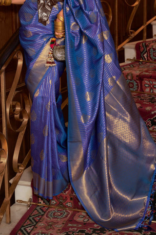 Navy Blue Nylon Chinon Two - Tone Weaving Saree_Kumari Sarees