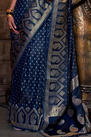 Navy Blue Pure Satin Handloom Weaving Saree_Kumari Sarees