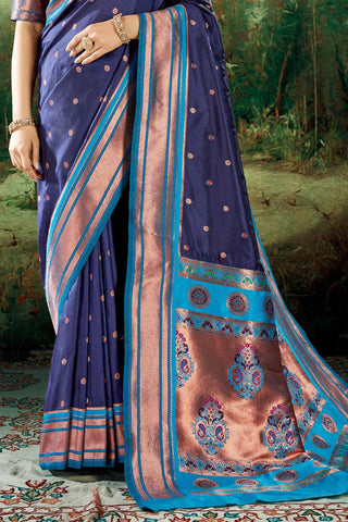 Navy Blue Soft Peshwai Paithani Silk Saree_Kumari Sarees
