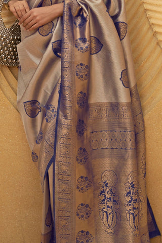 Navy Blue Nylon Two Tone Handloom Weaving Saree_Kumari Sarees