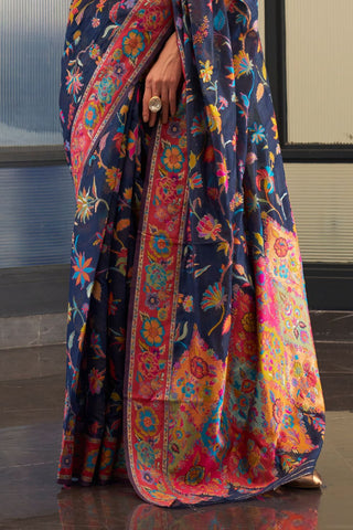 Navy Blue Kashmiri Modal Handloom Weaving Saree_Kumari Sarees