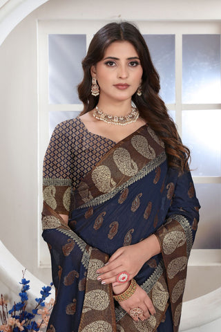 Navy Blue Chanderi Cotton Saree_Kumari Sarees