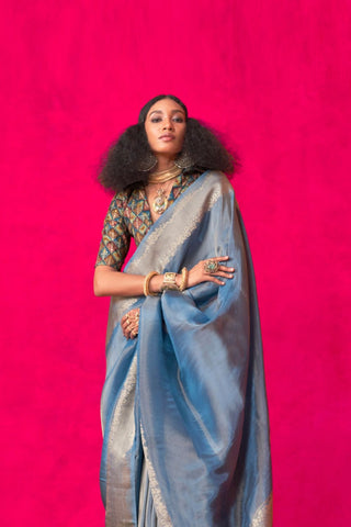 Navy Blue Pure Zari Tissue Handloom Silk Saree_Kumari Sarees