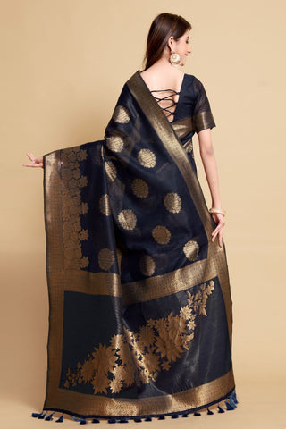 Navy Blue Linen Chanderi Saree_Kumari Sarees