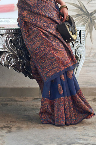Navy Blue Modal Heavy Kashmiri Handloom Weaving Saree_kumari Sarees
