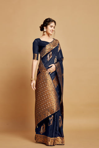 Navy Blue Linen Chanderi Saree_Kumari Sarees