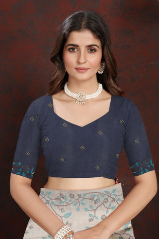 Navy Blue Pure Jamdani Mulmul Cotton Saree_Kumari Sarees