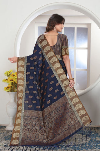 Navy Blue Chanderi Cotton Saree_Kumari Sarees
