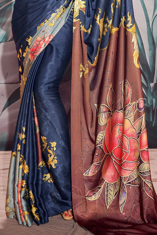Navy Blue Satin Crepe With Digital Print Saree_Kumari Sarees