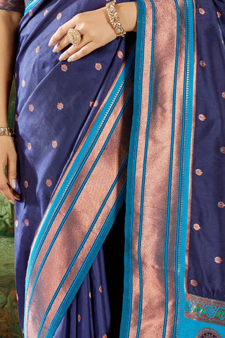 Navy Blue Soft Peshwai Paithani Silk Saree_Kumari Sarees