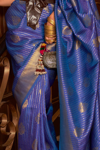 Navy Blue Nylon Chinon Two - Tone Weaving Saree_Kumari Sarees