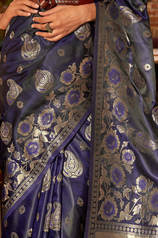 Navy Blue Pure Satin Handloom Weaving Saree_Kumari Sarees