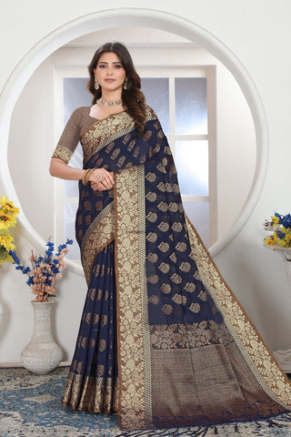 Navy Blue Chanderi Cotton Saree_Kumari Sarees