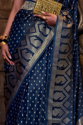 Navy Blue Pure Satin Handloom Weaving Saree_Kumari Sarees