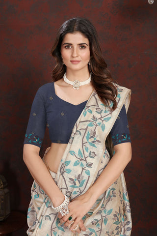 Navy Blue Pure Jamdani Mulmul Cotton Saree_Kumari Sarees