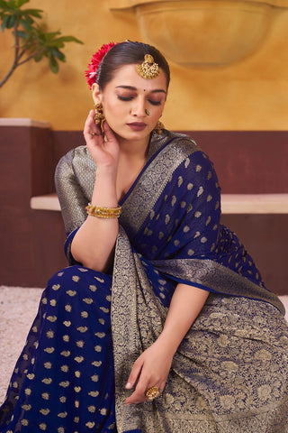 Navy Blue Pure Georgette Handloom Weaving Silk Saree_Kumari Sarees