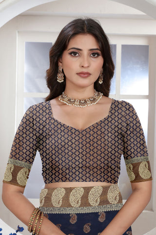 Navy Blue Chanderi Cotton Saree_Kumari Sarees