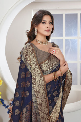 Navy Blue Chanderi Cotton Saree_Kumari Sarees