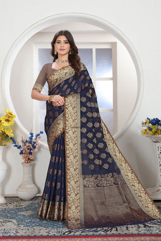 Navy Blue Chanderi Cotton Saree_Kumari Sarees