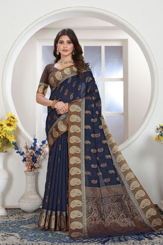Navy Blue Chanderi Cotton Saree_Kumari Sarees