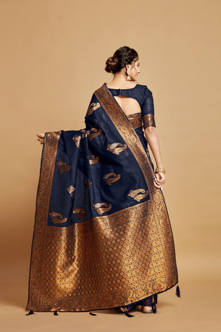 Navy Blue Linen Chanderi Saree_Kumari Sarees