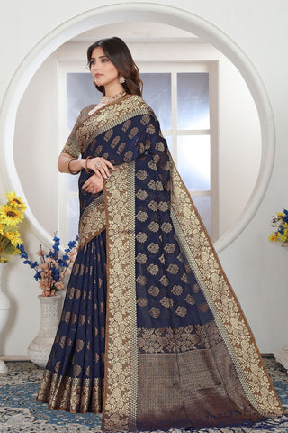 Navy Blue Chanderi Cotton Saree_Kumari Sarees