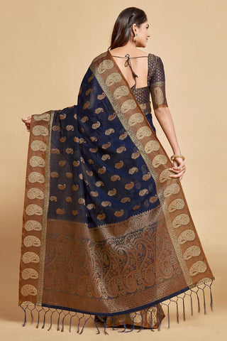 Navy Blue Chanderi Cotton Saree_Kumari Sarees