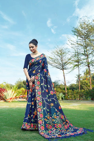 Navy Blue Soft Cotton Jamdani Floral Saree_Kumari Sarees