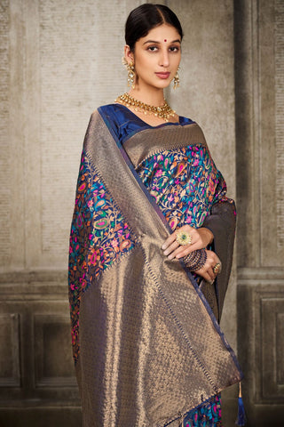 Navy Blue Banarasi Pashmina Silk Saree_Kumari Sarees