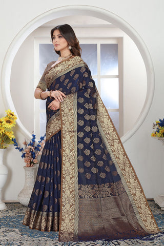 Navy Blue Chanderi Cotton Saree_Kumari Sarees