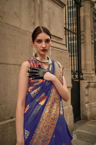 Navy Blue Kashmiri Modal Handloom Weaving Saree_Kumari Sarees