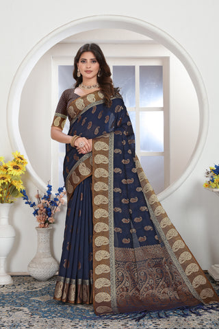 Navy Blue Chanderi Cotton Saree_Kumari Sarees