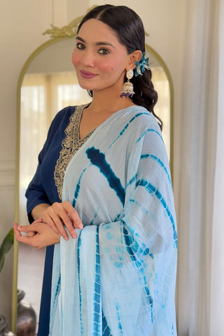 Navy Blue Viscose Slub Embroidery Kurta Set_Kumari Sarees