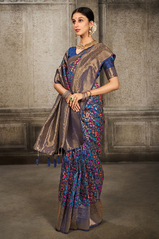 Navy Blue Banarasi Pashmina Silk Saree