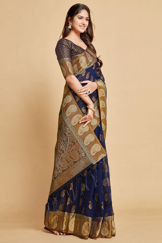 Navy Blue Chanderi Cotton Saree_Kumari Sarees